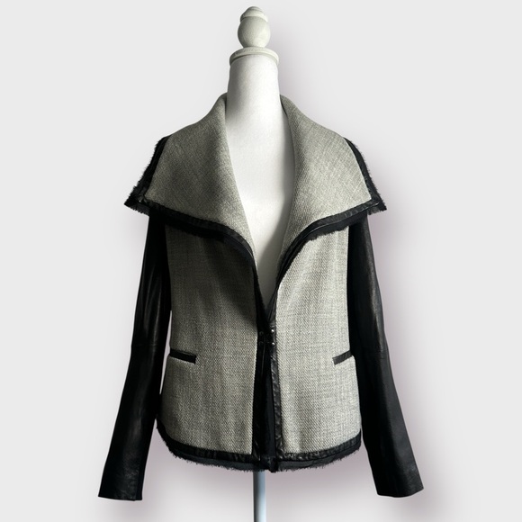 VINCE Womens Blazer Size 2 Heather Gray Black Leather Sleeves Shawl Collar NWOT - Picture 3 of 16